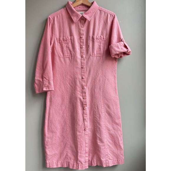 LL Bean Linen Cotton Belted Button Front Shirt Dress Pink Roll Tab Sleeves XL P - Picture 10 of 16